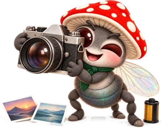 Muha looks through the viewfinder of a film camera bigger than herself