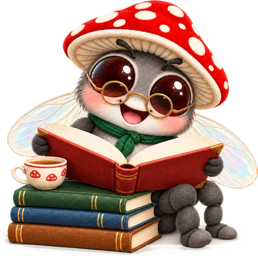 Muha in reading glasses reads a big book on a stack of books
