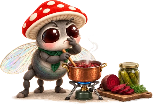 Muha stirs a pot and sniffs the steam suspiciously