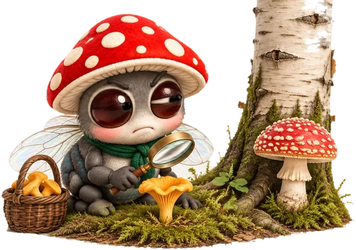 Muha examines a chanterelle through a magnifier; a fly agaric nearby looks suspiciously like her hat