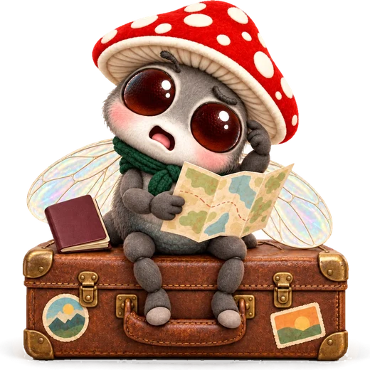 Muha sits on a suitcase and studies a map, not quite sure which way is north