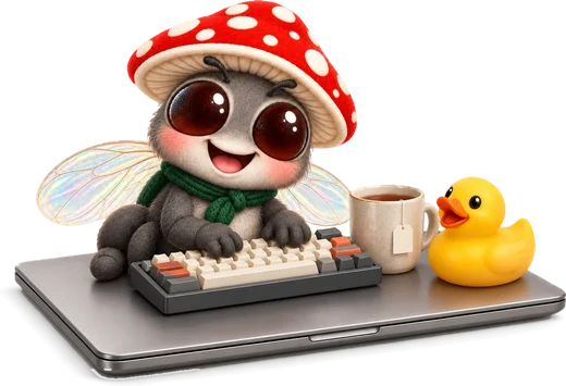 Muha types on a tiny keyboard next to a rubber duck and a mug of tea