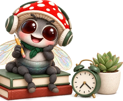 Muha in headphones ponders with a pencil, next to an alarm clock and a succulent